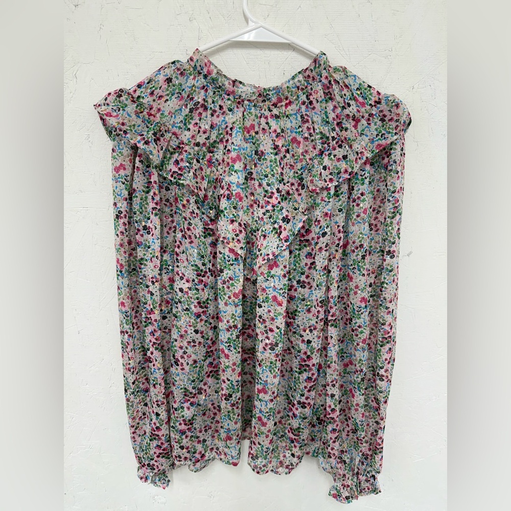 Beautiful BODEN Gold Speckled Floral Ruffle Blouse 🥰